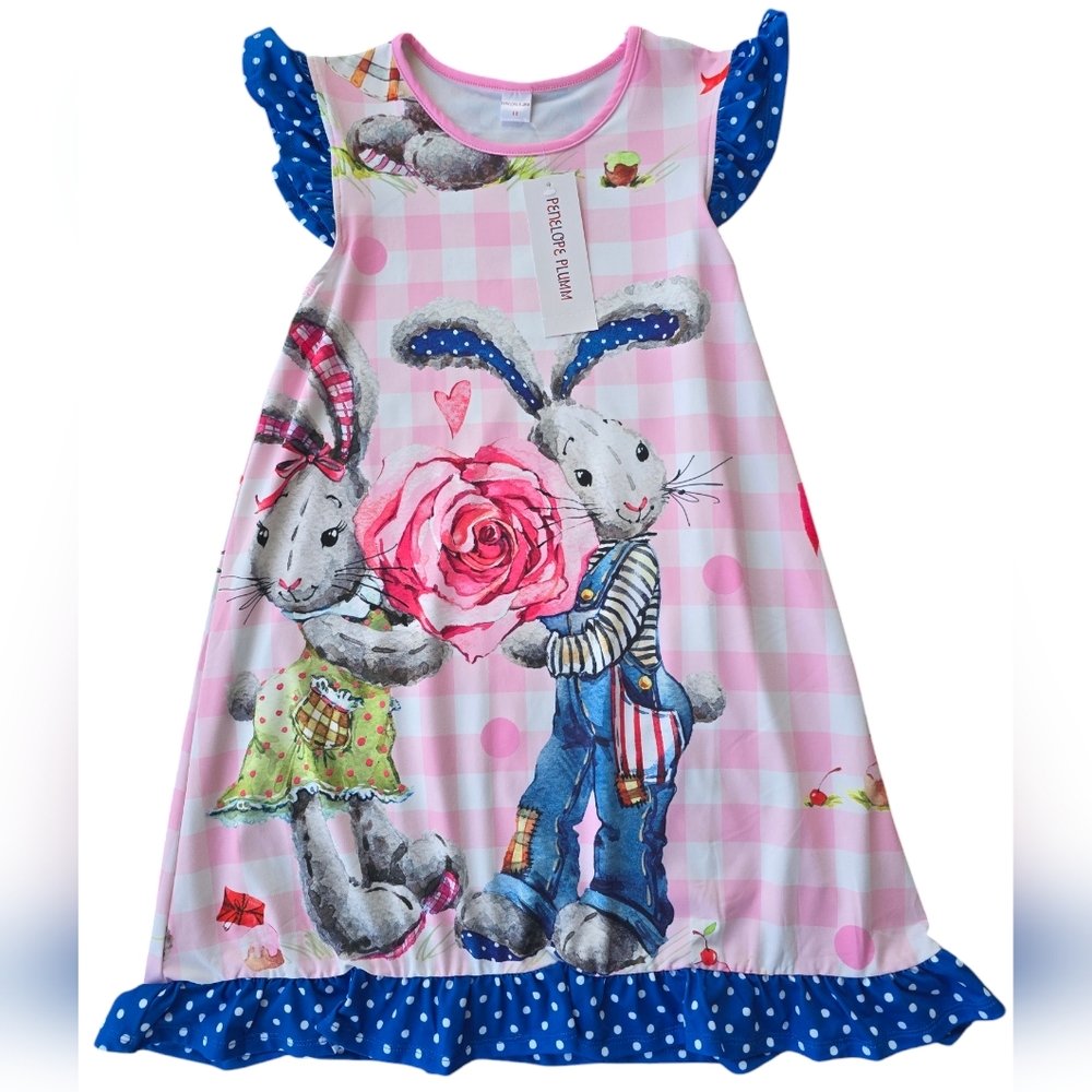 NWT Penelope Plumm Pink/Blue Bunny/Easter Ruffle Dress Size 12